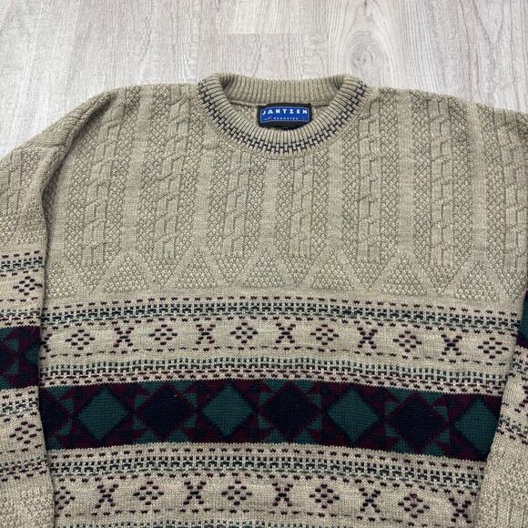 Vintage Jantzen Sweater Men's Large Tan Crewneck Geometric Fair Isle 90s Cabin - Picture 3 of 6